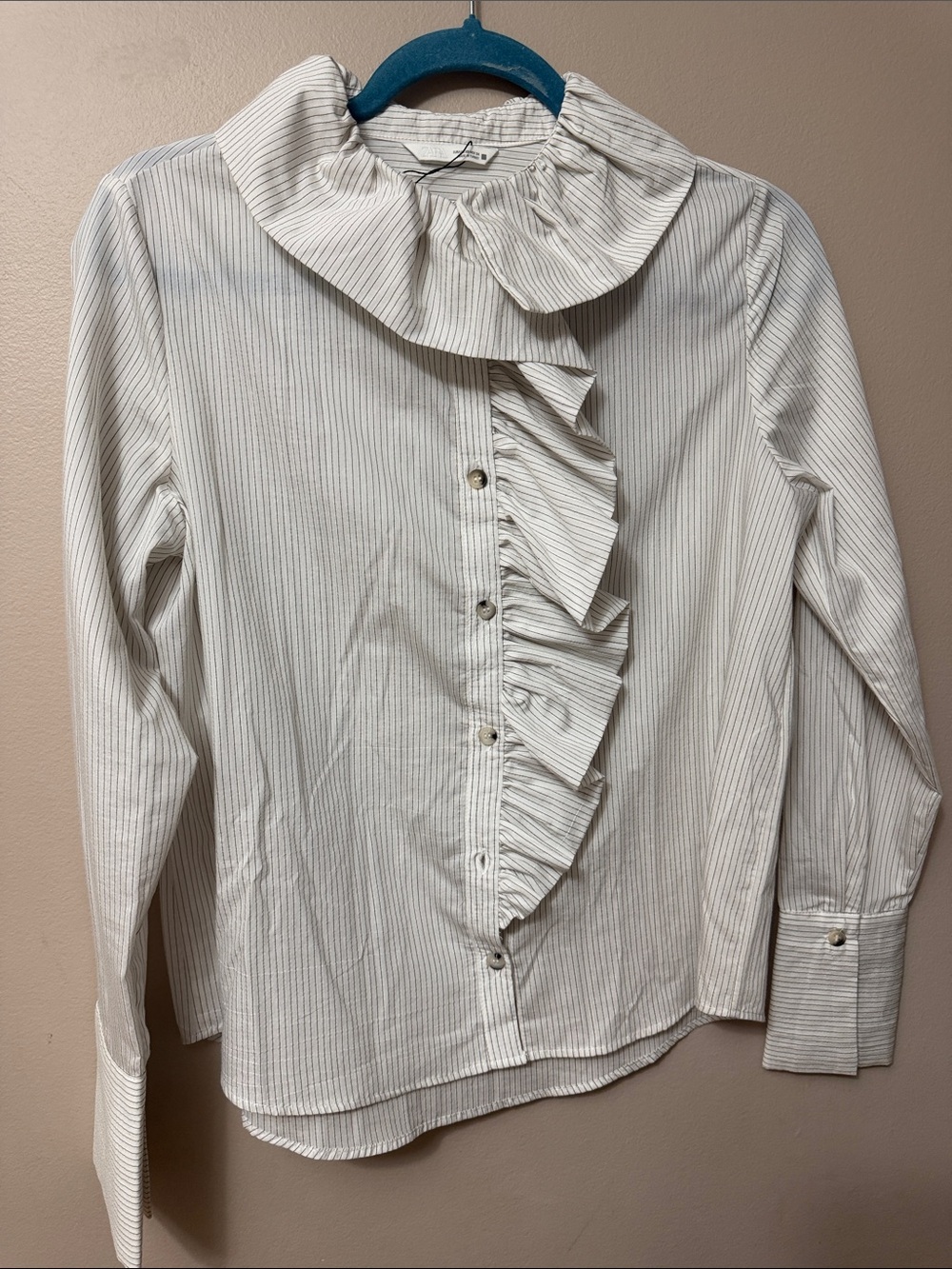 Zara White Blouse with Thin Black Pinstripes and Ruffle Neck
